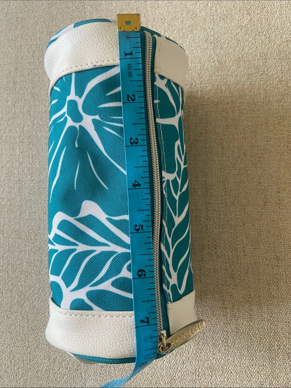 Lancôme Teal and White Floral Tubular Zip Pouch. New, Never used.